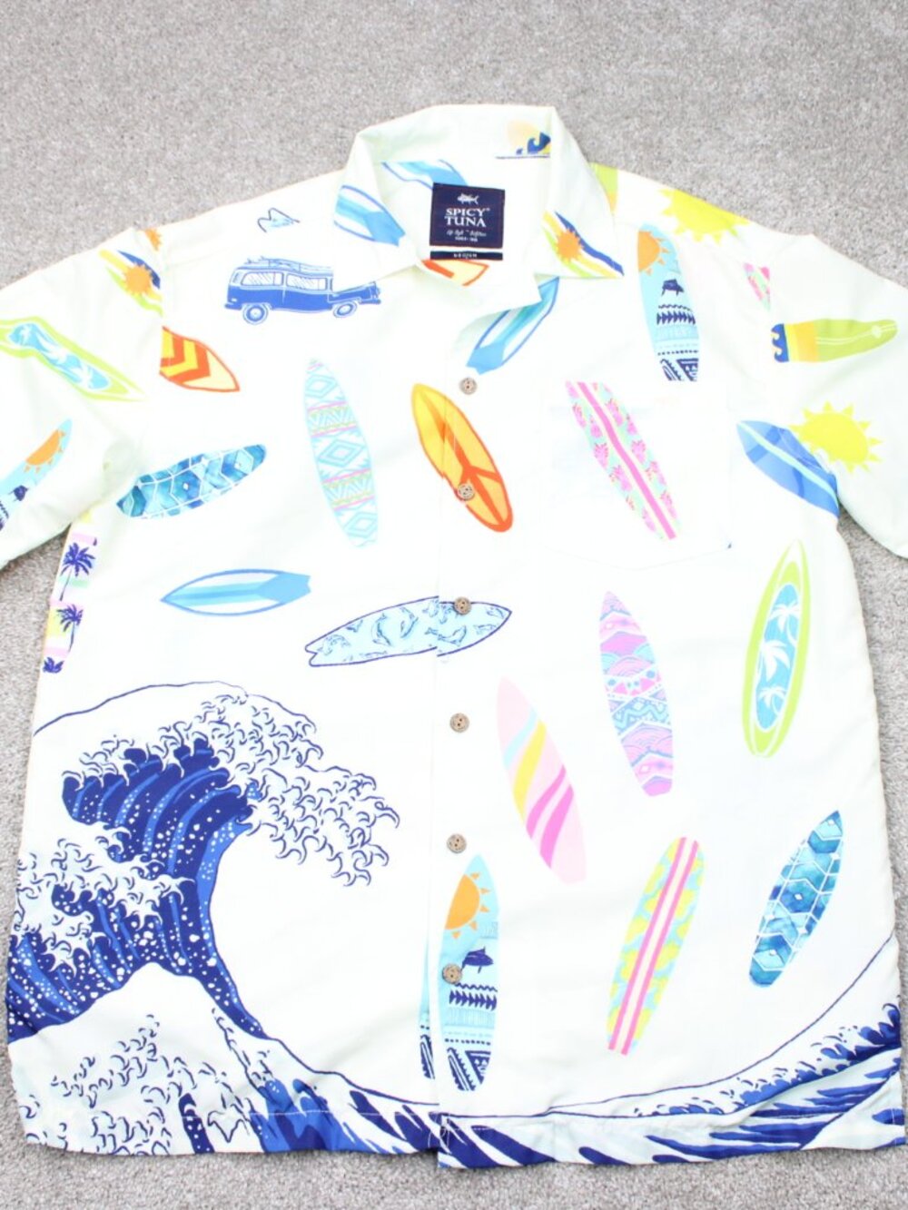 Spicy Tuna AOP Shirt Mens Medium White Surfboards All Over Print Short Sleeve